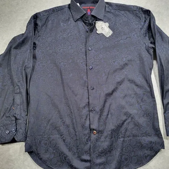 Luchiano Visconti Black Men's Small Navy on Black Long Sleeve Paisley Shirt - Picture 5 of 9